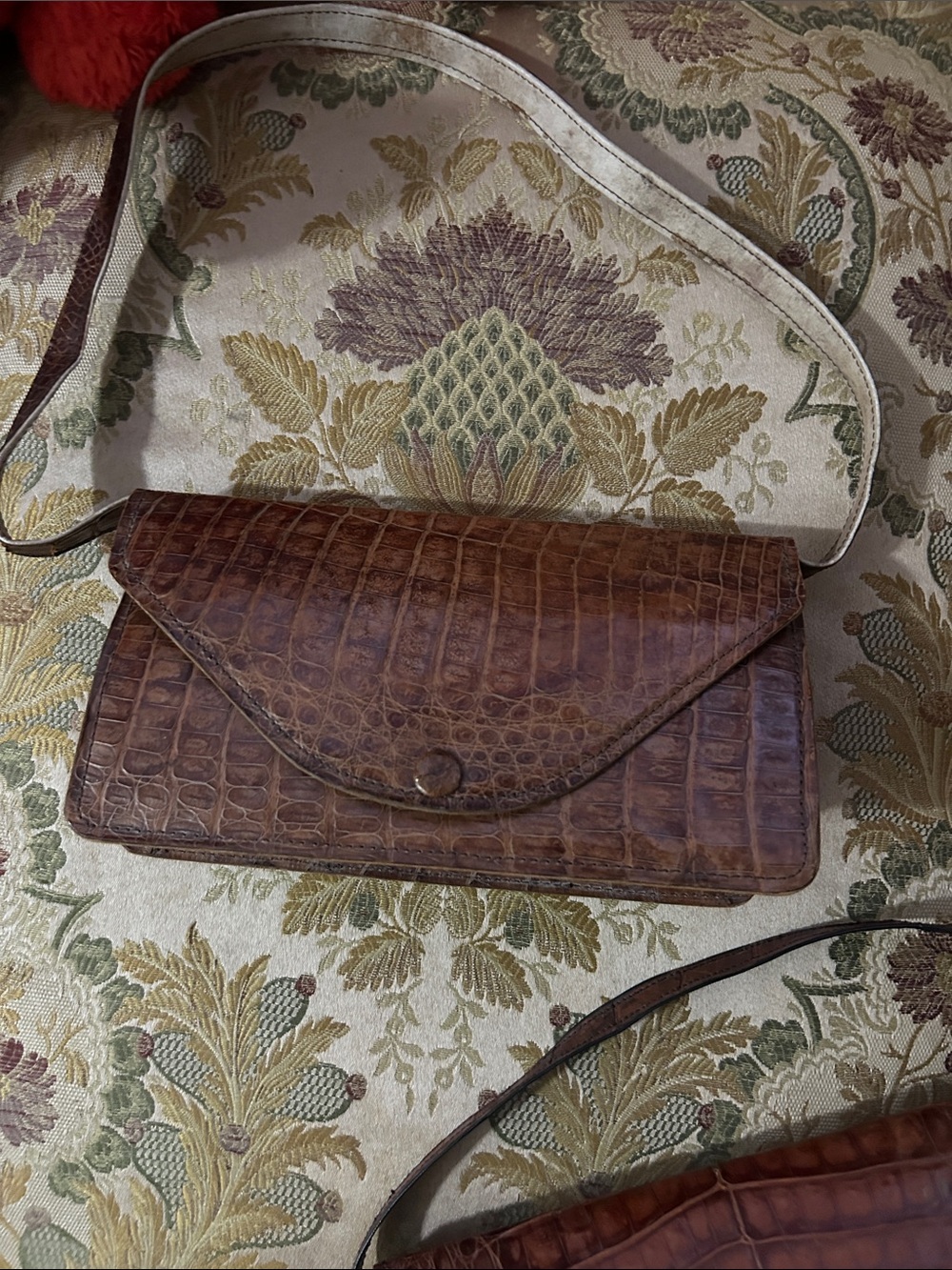 Croc-Embossed Brown Leather Envelope Shoulder Bag